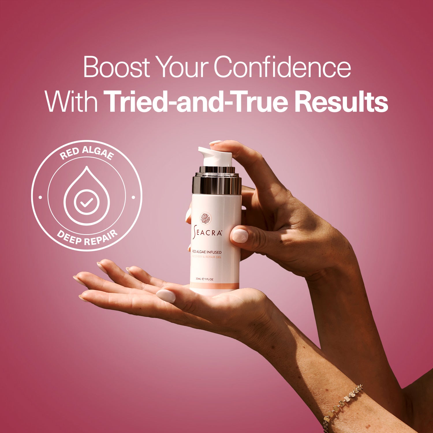Close-up of Seacra Red Algae Recovery and Repair Gel skincare bottle
