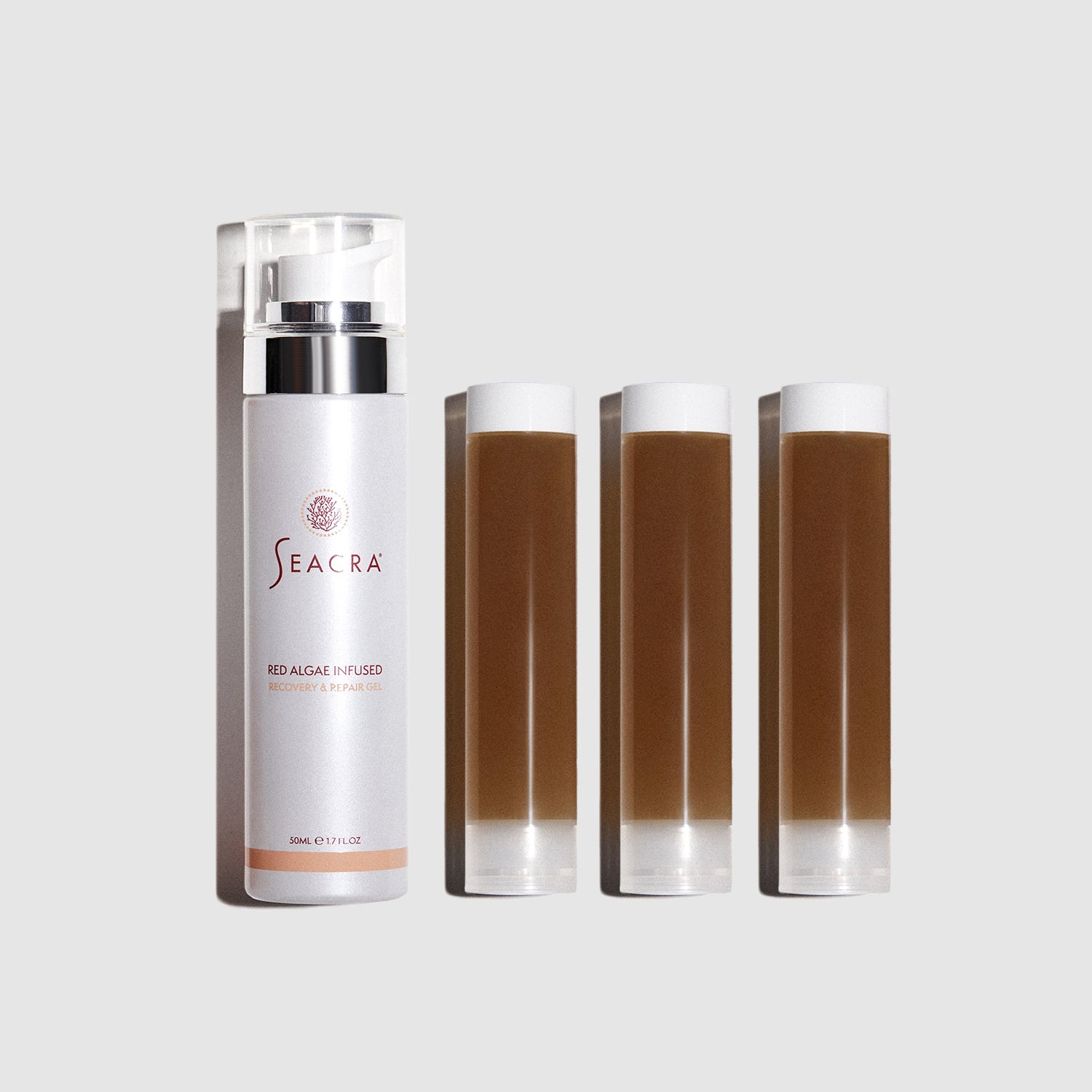 A bottle of Seacra Red Algae Recovery & Repair Gel. Below it, a before and after comparison of a person's skin condition showing reduction in redness and improvement after using the product.