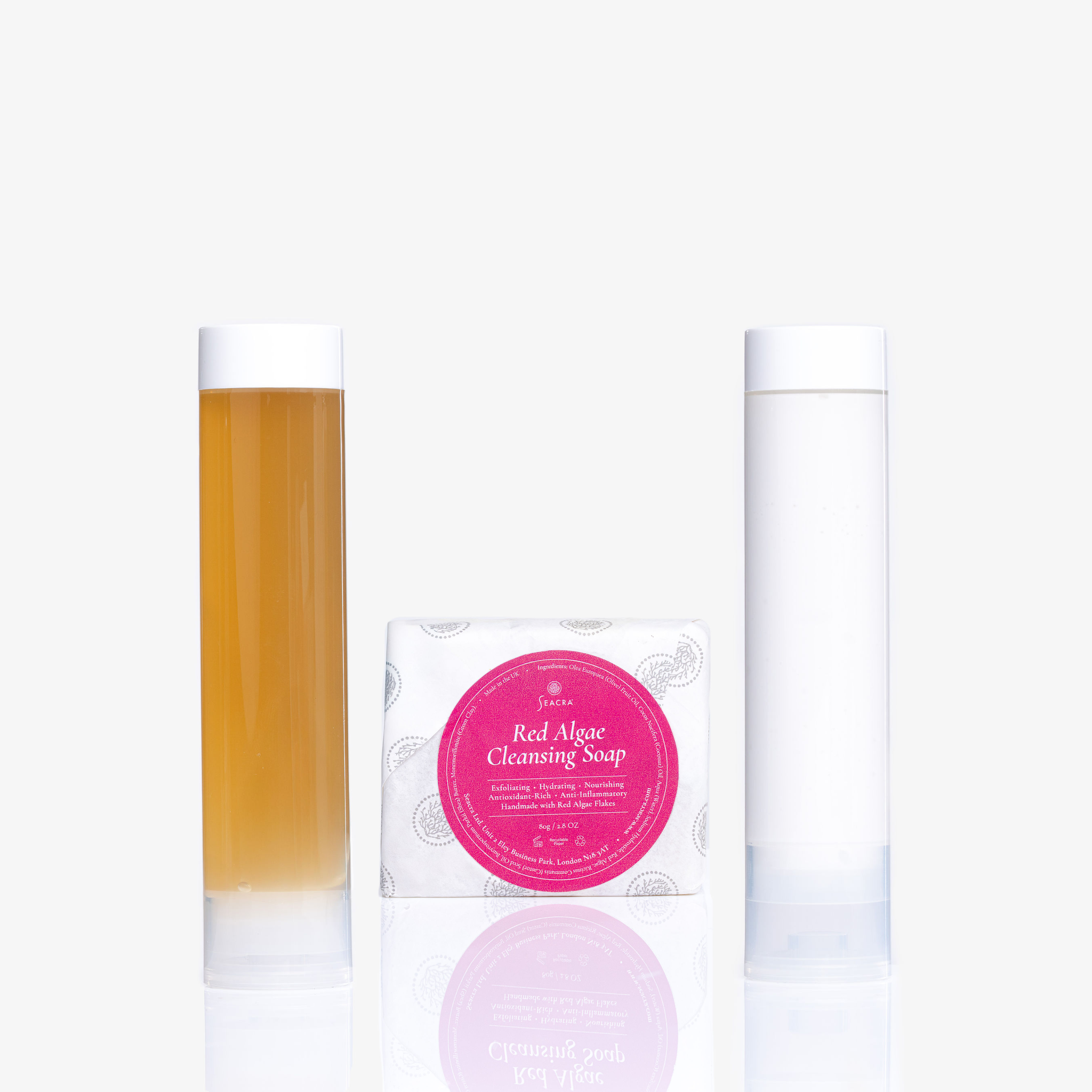 Seacra Gel Refill, Cream Refill and Red Algae Cleansing Soap bundle on grey background