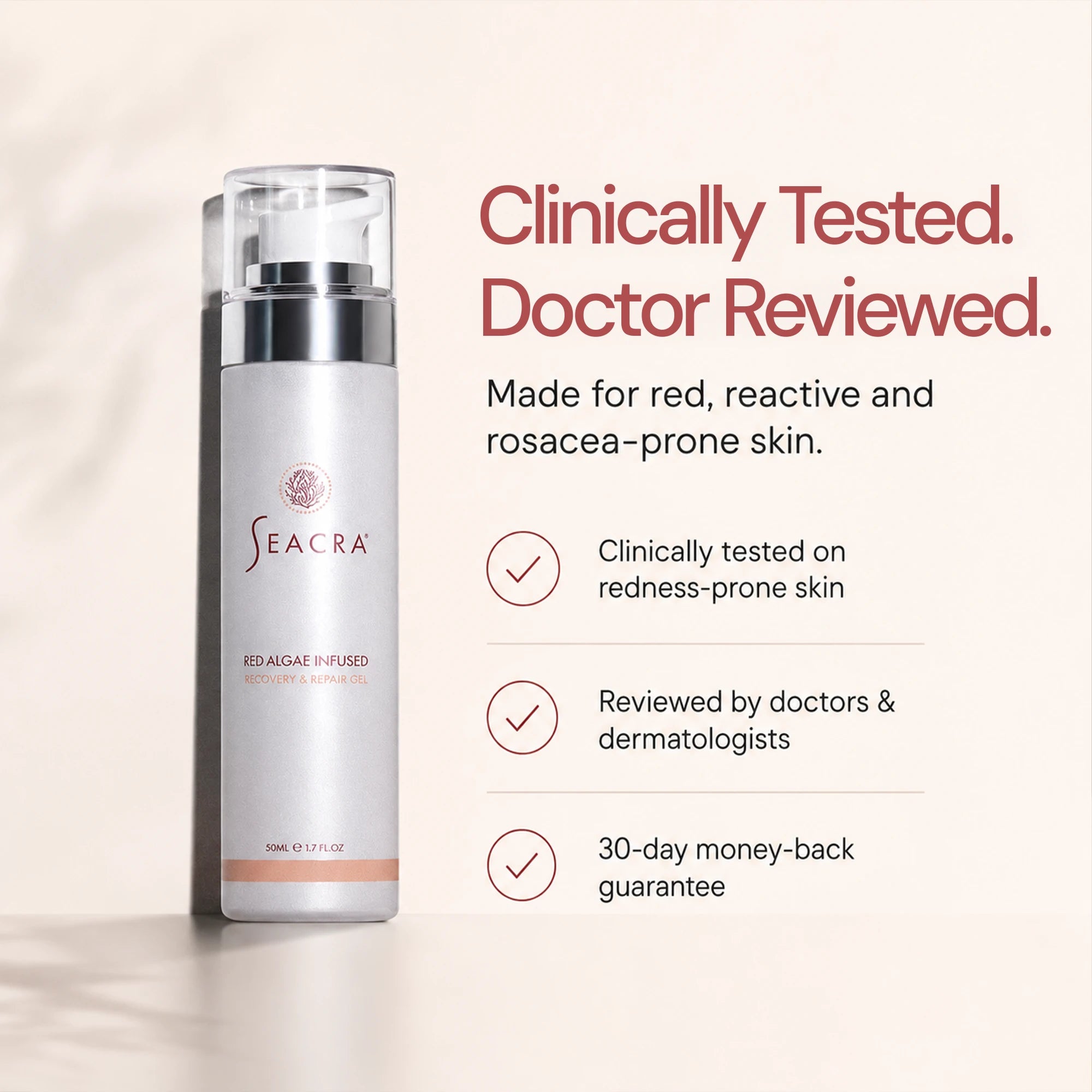 Clinically tested Seacra Red Algae Gel reviewed by doctors with 30-day guarantee