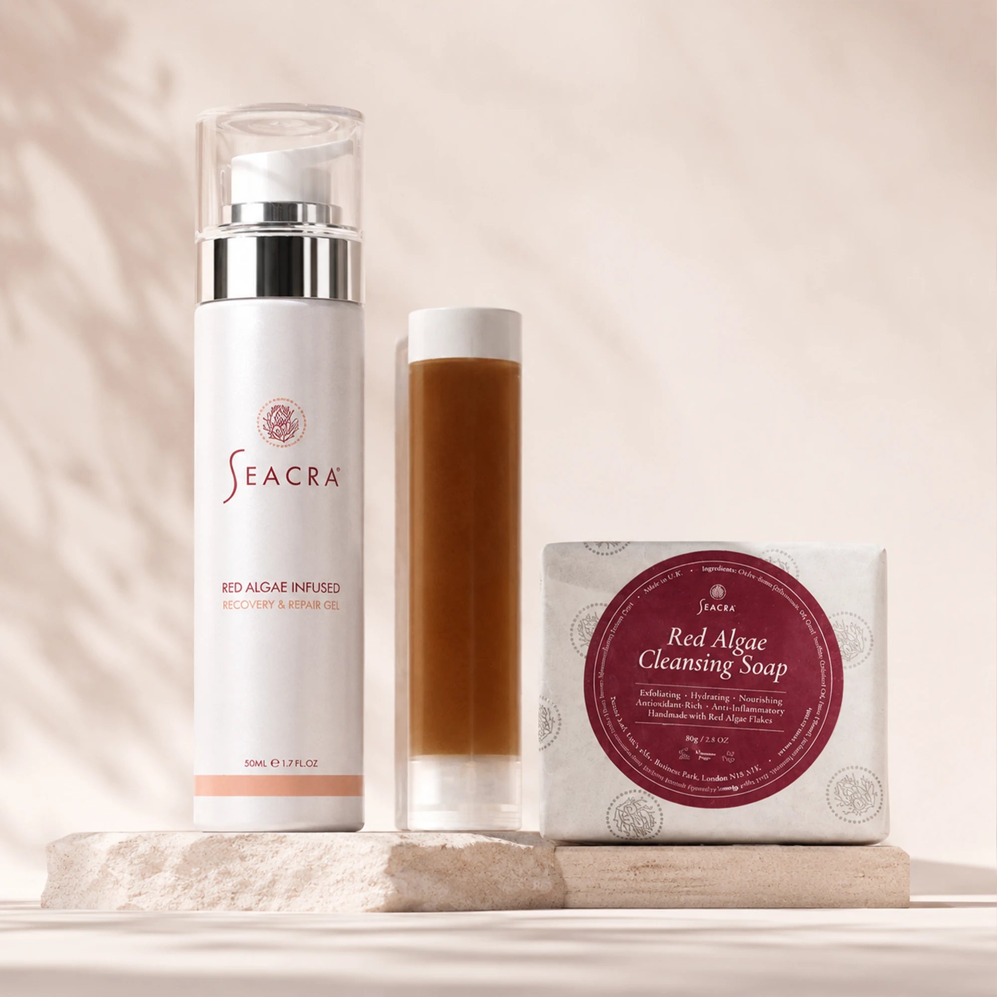 Seacra Red Algae Gel bundle with refill and cleansing soap for redness-prone skin