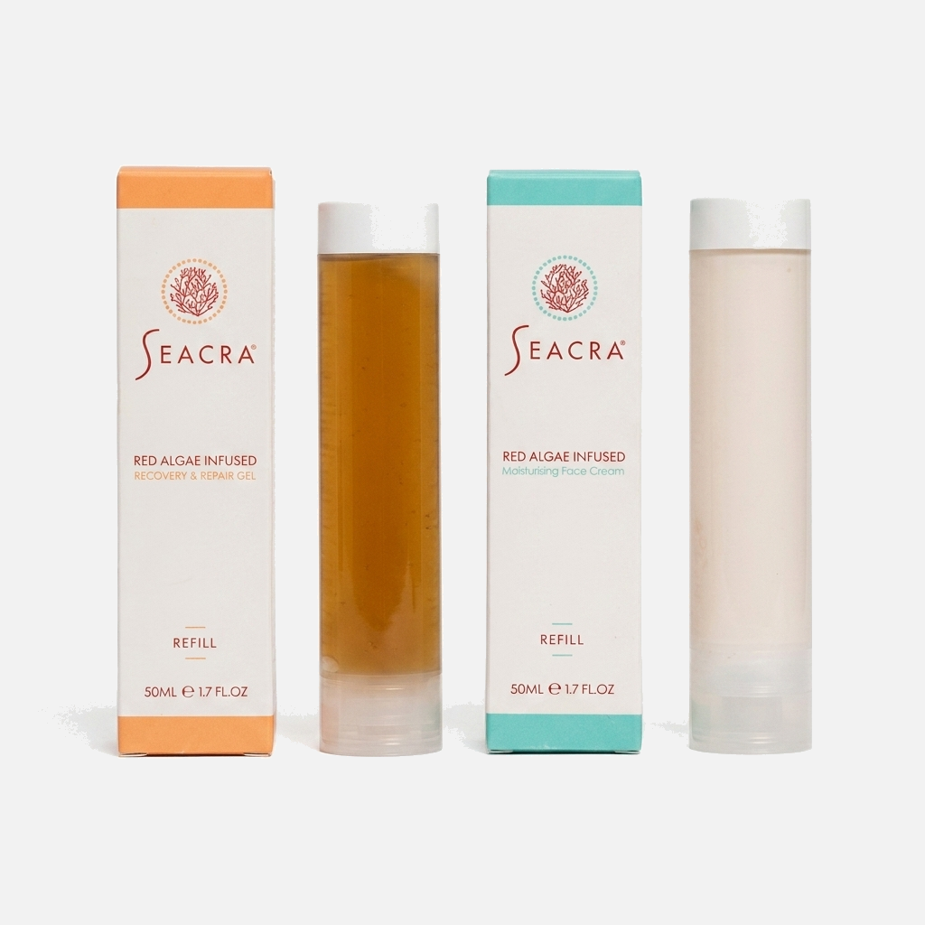 Seacra Gel Refill + Cream Refill bundle on grey background